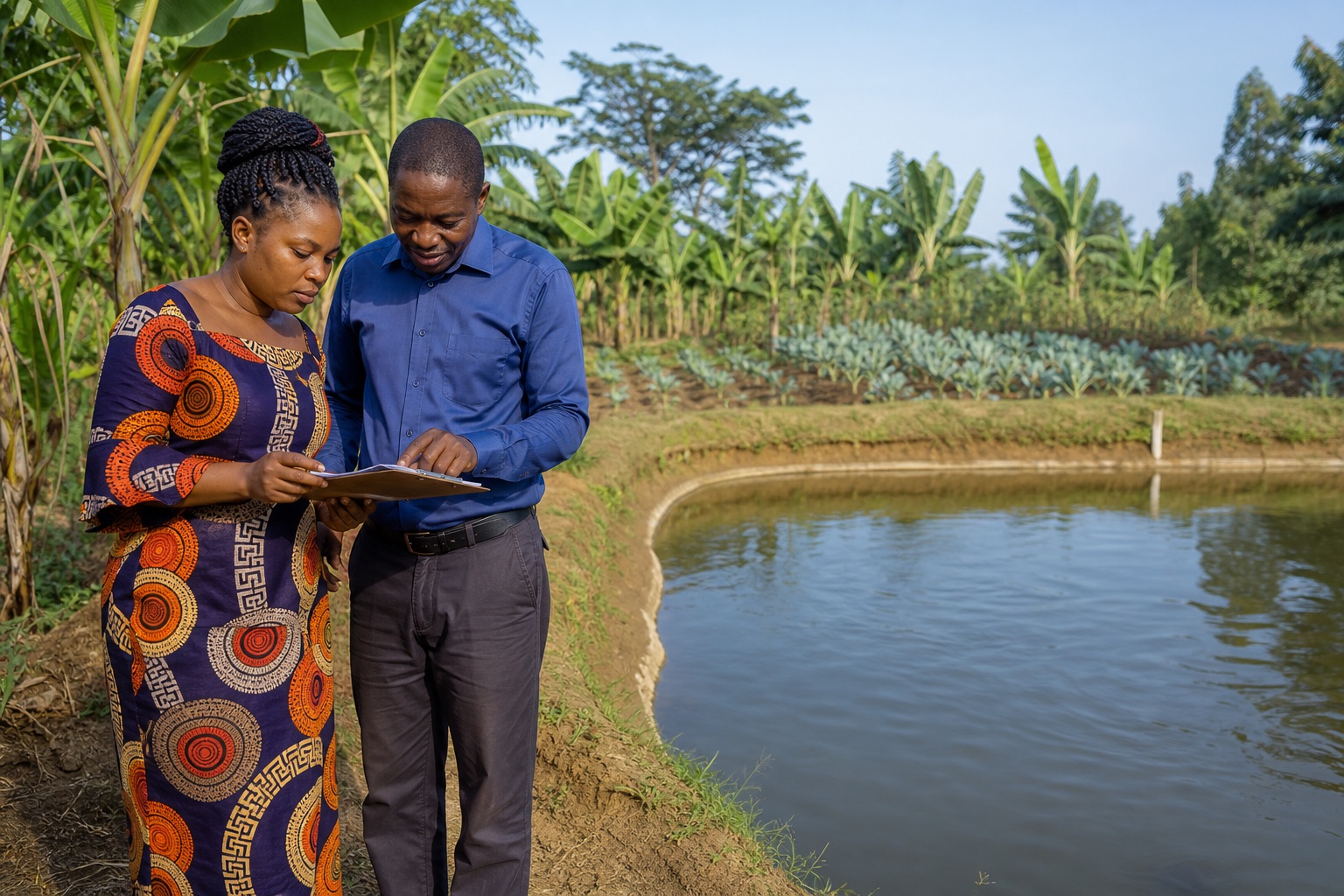 Porteurs de projet examinant une activité d'aquaculture en RDC